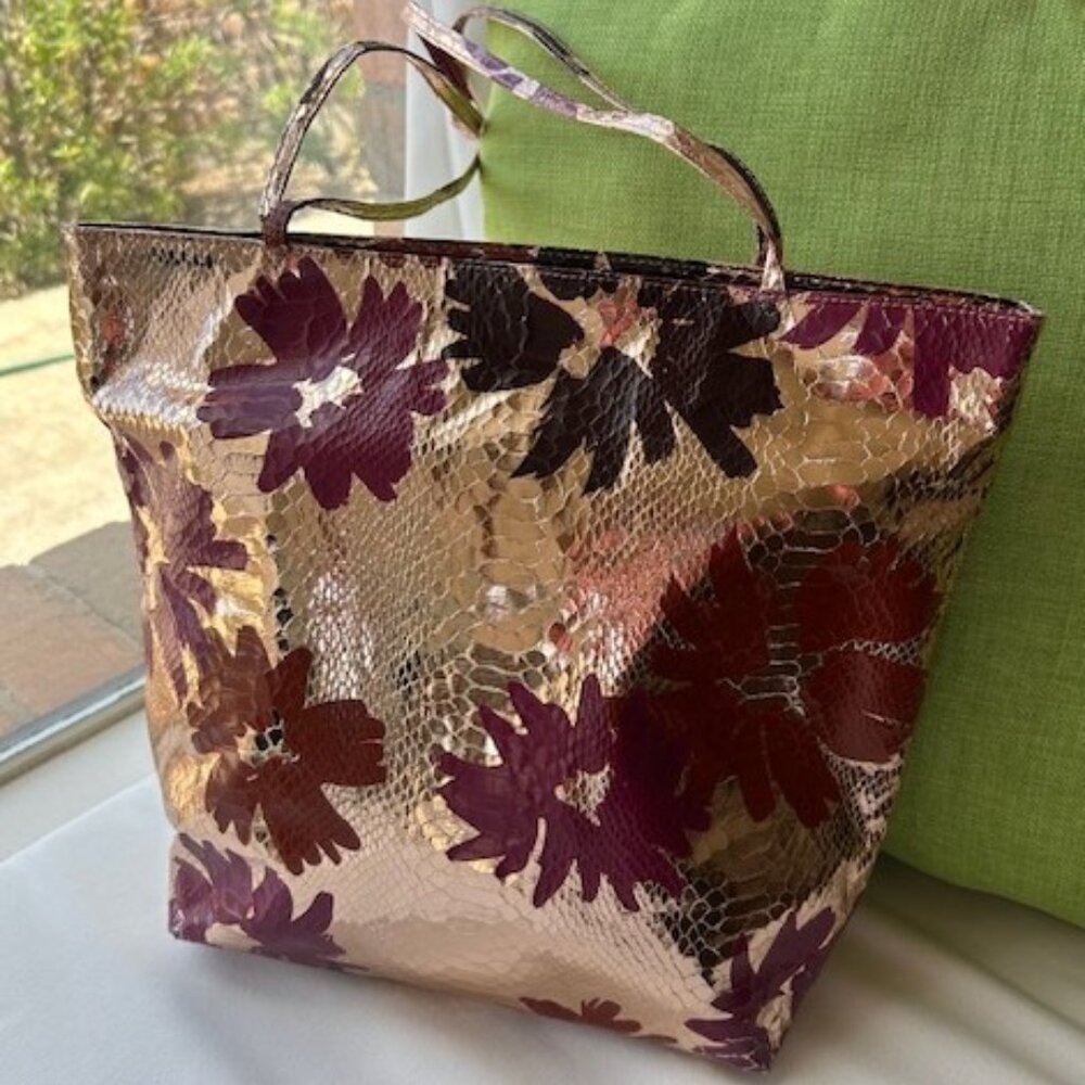 CARLOS FALCHI Gold Metallic Floral Snakeskin Print Tote BAG - Picture 7 of 12
